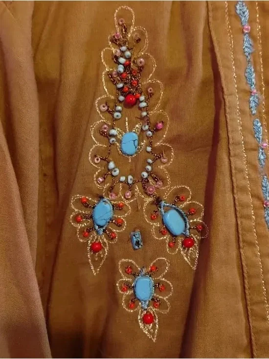 Venezia Tan Tie-Front Utility Jacket with Turquoise & Pink Embroidery - Picture 6 of 7